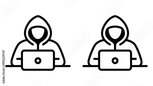 Two identical icons portray a hooded individual engaged with a laptop, featuring a outlined head and face, representing a hacker or coder.