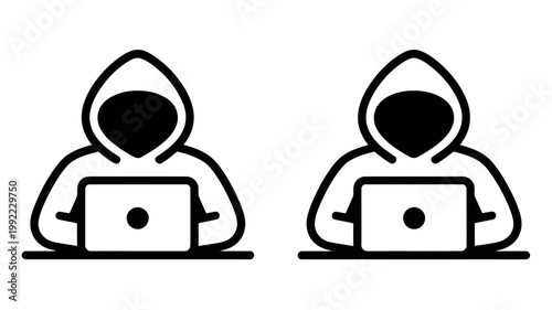 Two identical icons illustrate a hooded person working on a laptop, with a solid black area representing the obscured face, indicating a hacker.