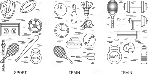 Sport and training icons set with equipment fitness activities and workout symbols in outline style design