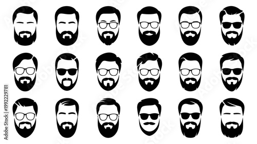 A grid display showcases a diverse collection of silhouetted male faces, each featuring different hairstyles and beard styles.