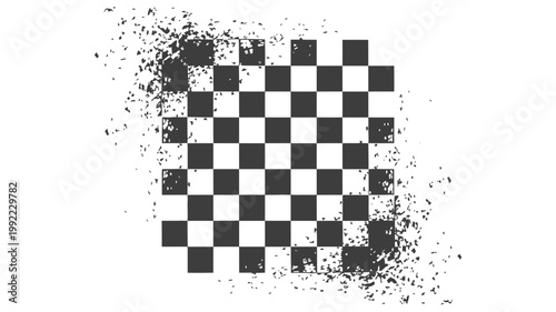 A single checkered flag graphic rendered with a strong splash of black ink and debris on the left side.