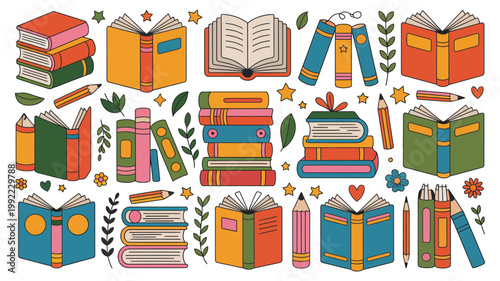 A vibrant collection of colorful, cartoon-style books and stationery items scattered