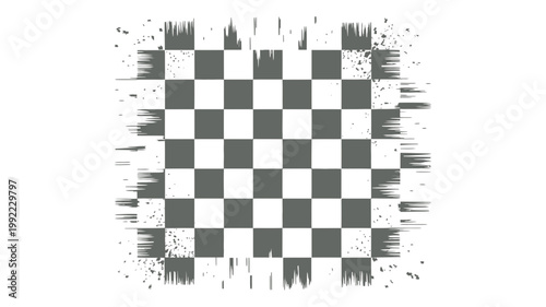 A distressed checkered flag, appearing as a finish line with prominent paint splatters and a textured border.