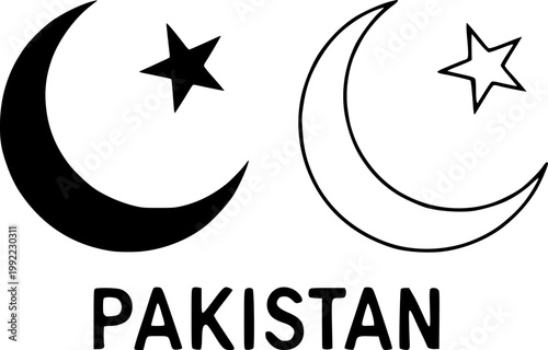 Crescent moon and star symbol of Pakistan in black silhouette and outline vector style for national branding and cultural icon design. 