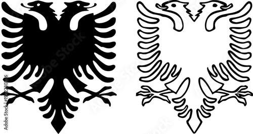 Double headed eagle national emblem of Albania in black silhouette and outline vector style for cultural and heraldic icon design projects isolated on transparent background.