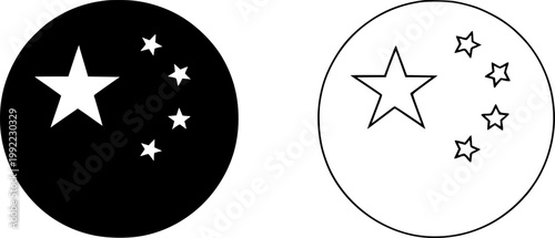 Five stars in circle representing China in black silhouette and outline vector style for national branding and cultural icon design projects isolated on transparent background.
