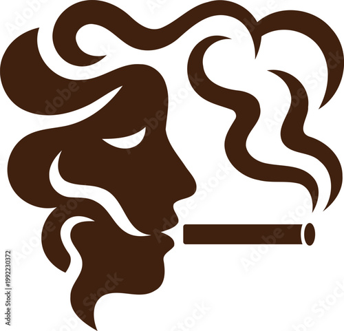 Brown silhouette of a woman smoking a cigar in profile view  isolated on white background
