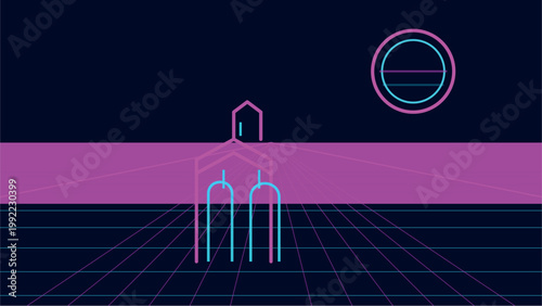 Pixel art of a futuristic building under a neon moon Vector
