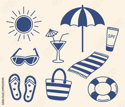 Summer beach vacation icon set with sun umbrella sunglasses cocktail sunscreen towel flip flops tote bag lifebuoy minimal line vector illustration Mediterranean blue travel holiday design pack