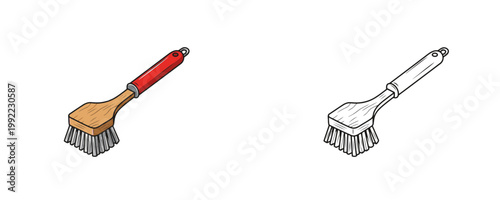 Practical grill cleaning brush with wooden handle and red grip in flat and line styles used for scrubbing barbecue grates and kitchen maintenance