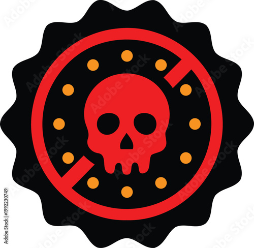 Toxic hazard warning sign with skull and orange dots on red circle  danger symbol