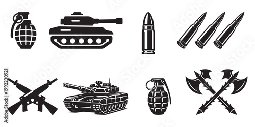 Military weapon icons set, black silhouette war equipment collection, armored tank and hand grenade vector illustrations, tactical combat gear symbols