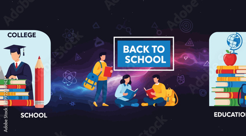 Back to school concept, students studying with books and backpacks, academic atmosphere, education theme, college and school elements, digital illustration