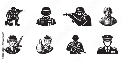 Military soldier icons set, black and white army infantry vector illustrations, 8 tactical warrior silhouettes for gaming and security branding