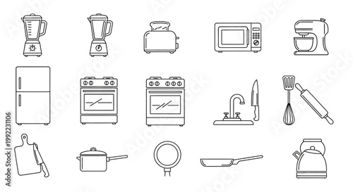 Kitchen Utensils and Appliances Line Icons.