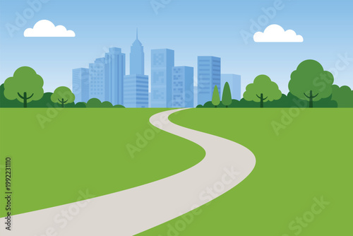 Foto City park landscape with winding path, green grass and modern skyline background
