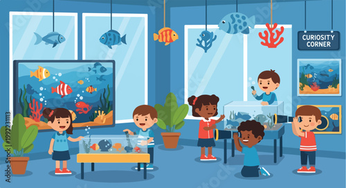 Children explore an aquarium-themed 'Curiosity Corner' with fish tanks, telescopes, and hanging decorations in a vibrant learning environment.