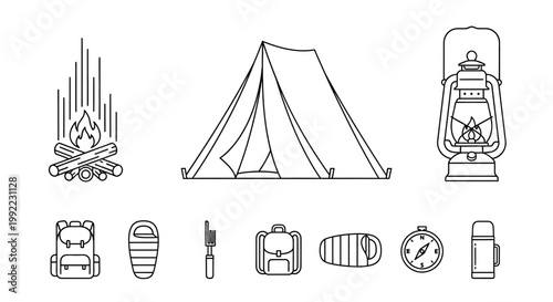 Camping Gear And Equipment Icons Set.