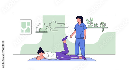 Physical therapist assisting patient with leg exercise on yoga mat, rehabilitation concept