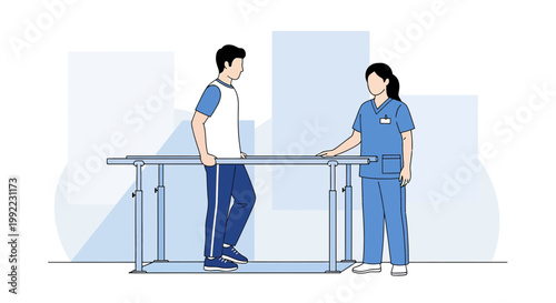 Physical therapist assisting patient with parallel bars for rehabilitation and walking practice.