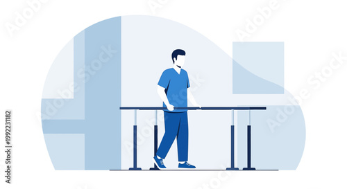 Physical therapist assisting patient with walking exercise on parallel bars in rehabilitation center