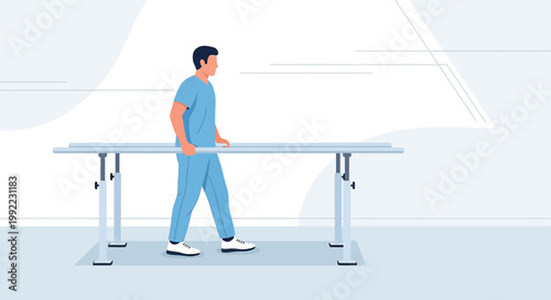 Physical therapist assisting patient with walking exercise on parallel bars in rehabilitation center