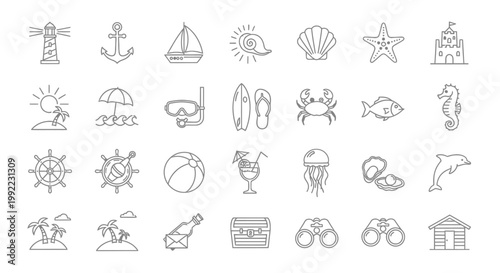 Beach Vacation Icon Set Collection.