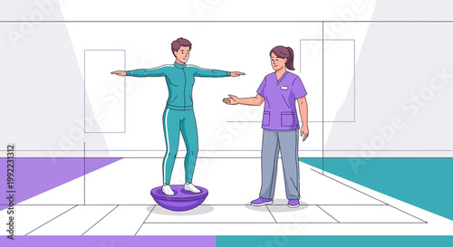Physical therapist assists patient with balance training on a BOSU ball for rehabilitation.