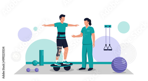 Physical Therapist Assists Patient with Balance Training on Wobble Board