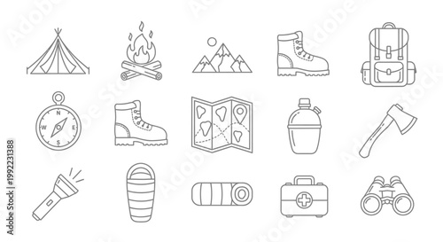 Camping gear and outdoor equipment icons.