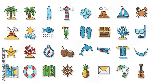 Colorful beach summer icons set.