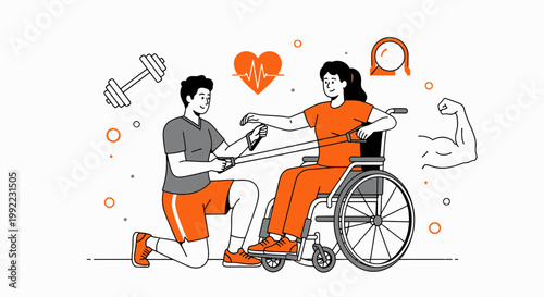 Physical Therapist Helping Woman in Wheelchair with Resistance Band Exercise