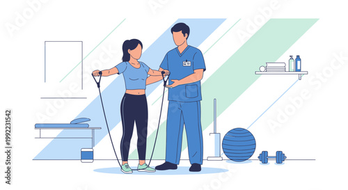 Physical Therapist Helps Patient with Resistance Band Exercise for Rehabilitation