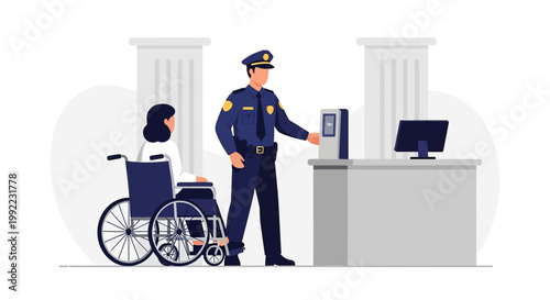 Police Officer Assists Woman in Wheelchair at Security Checkpoint