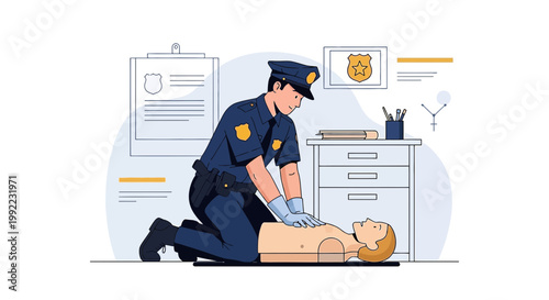 Police Officer Performing CPR on Manikin in Office Setting