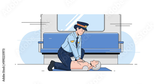 Police Officer Performing CPR on Passenger in Subway Train