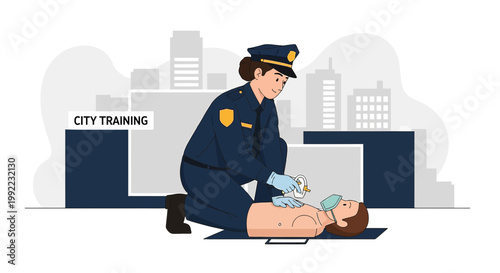 Police Officer Performs CPR Training on Mannequin in City Setting