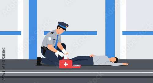 Police Officer Provides First Aid to Unconscious Person Lying Down