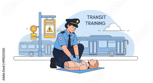 Police Officer Performs CPR Training on Mannequin During Transit Safety Course