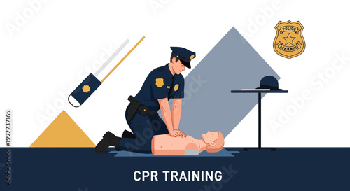 Police Officer Performs CPR Training on Mannequin, Emergency Medical Response Concept