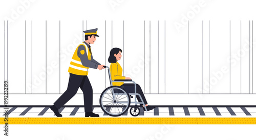 Police Officer Pushing Woman in Wheelchair on Train Platform for Assistance