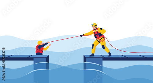 Rescue Team Pulling Person from Water with Rope, Water Rescue Operation