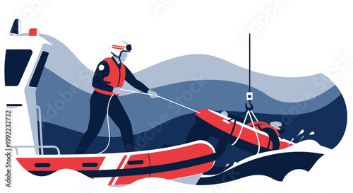 Rescue team saving person from water with inflatable boat and helicopter hoist