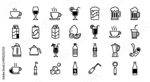 Black and white drink icons set.