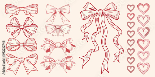 Collection of hand drawn bows and hearts in a soft pink palette