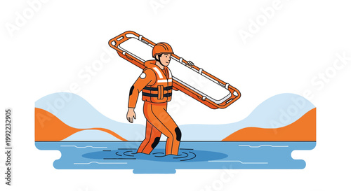 Rescue worker carries stretcher through water, emergency rescue, flood relief, water rescue