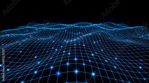 Abstract Neon Blue Wireframe Cyber Landscape Background