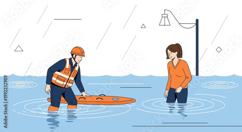 Rescue worker helps woman during flood, emergency rescue operation, flood disaster relief