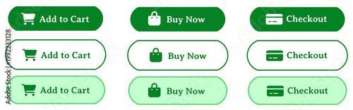 Minimal Green and White Alternating Rounded E-commerce UI Button Set with Add to Cart Buy Now Checkout Icons, Clean Simple Interface Design Outline Styles, Easy to Use Web and Mobile UI Elements