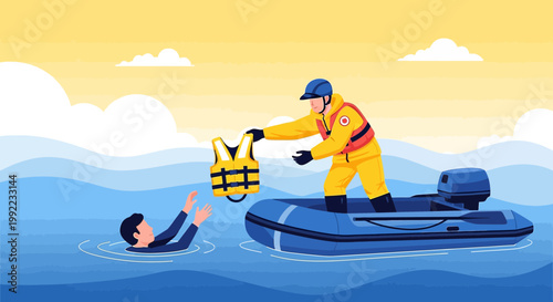 Rescuer in yellow suit throws life jacket to drowning man from inflatable boat